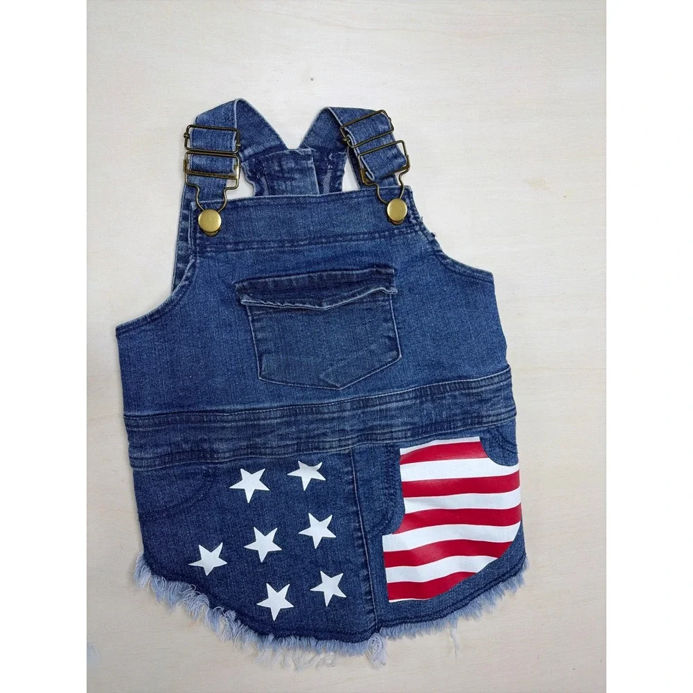 Patriotic Denim Dog Overall Dress American Flag Stars Stripes Blue S/M